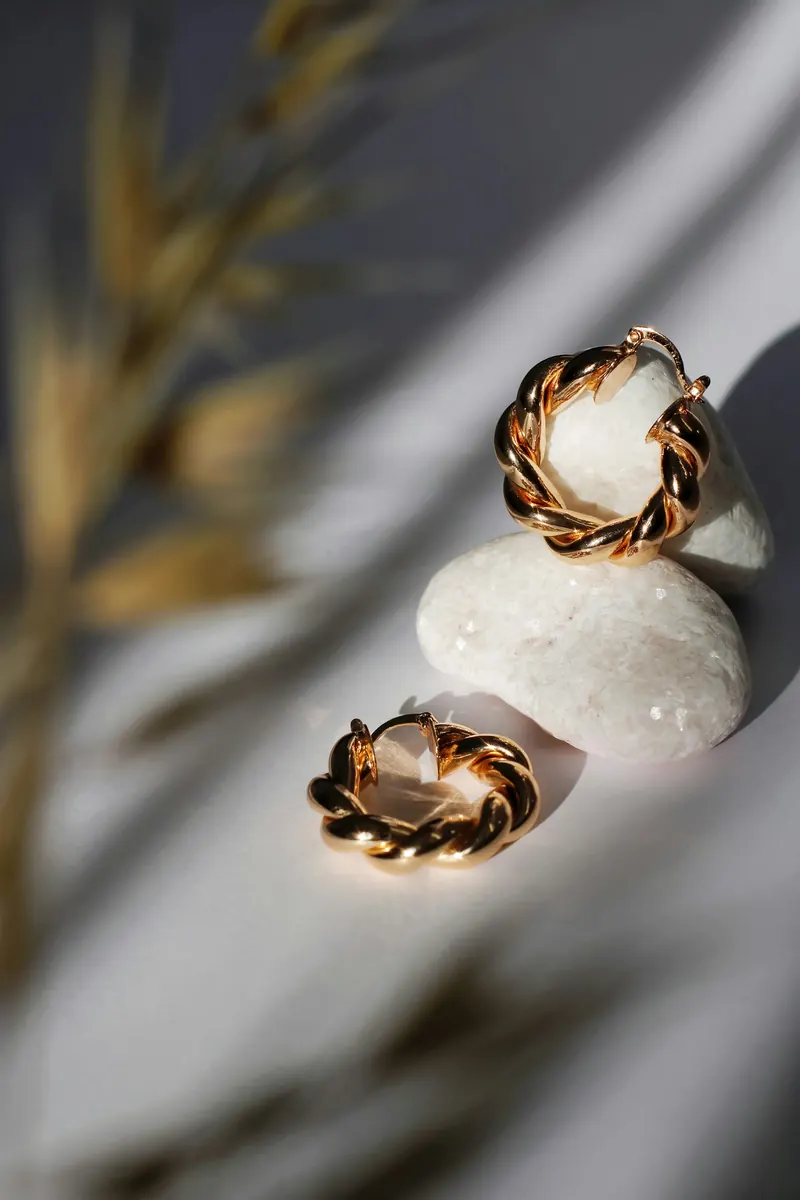 Chunky twisted gold hoops resting on stones with dried grass, a textured gold look that inspires smaller cartilage earrings